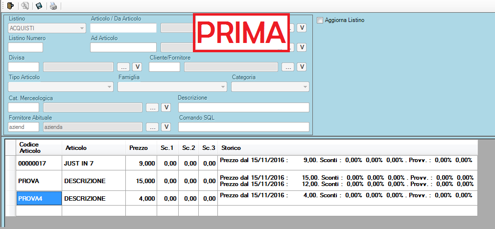 listino acquisti prima dell'aumento
