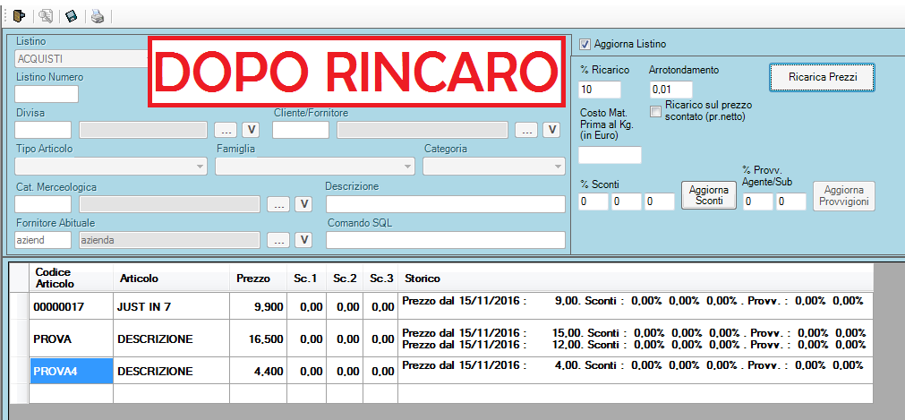 listino acquisti dopo aumento prezzi