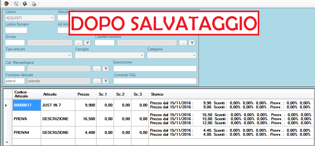 lista acquisti dopo salvataggio