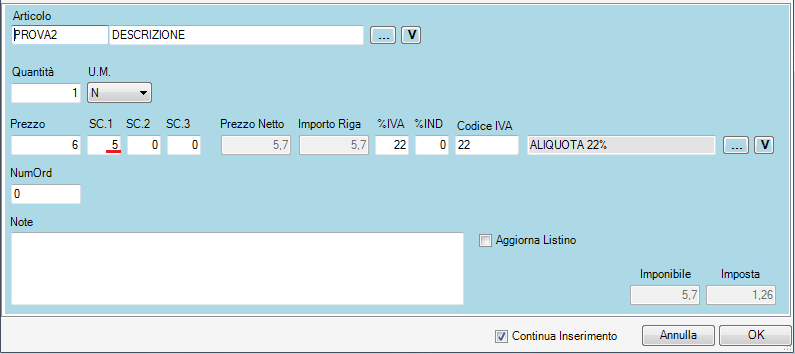 prezzo modificato all'interno della maschera FORN01X
