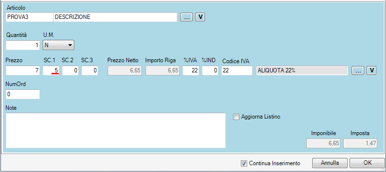 prezzo modificato all'interno della maschera FORN01X