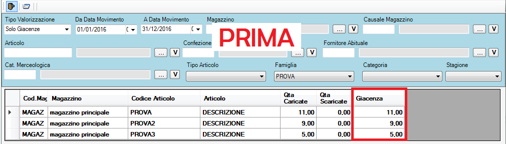 giacenza prima dei movimenti