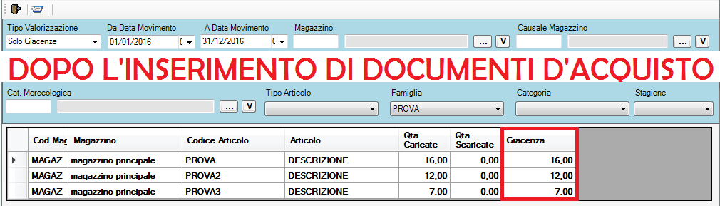 giacenza dopo inserimento movimento d'acquisto