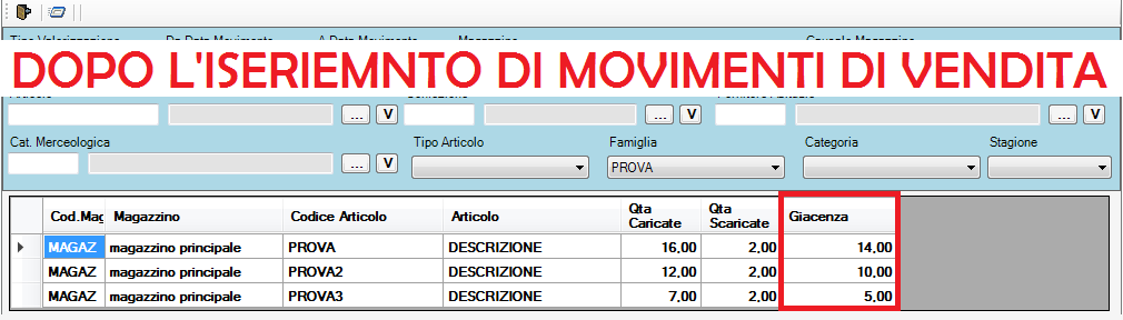 giacenza dopo inserimento movimento di vendita