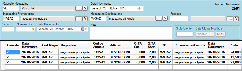 movimento di vendita dopo essere registrato